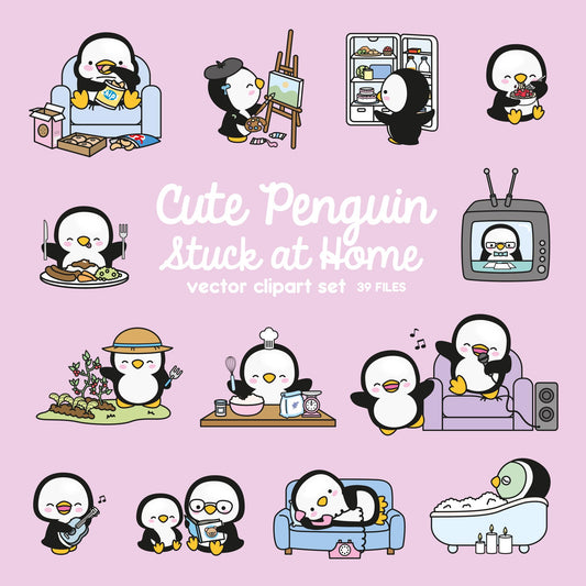 Premium Vector Clipart - Kawaii Penguin - Cute Penguin Locked Down at Home Clipart - Penguin Lockdown - Instant Download - Kawaii Clipart