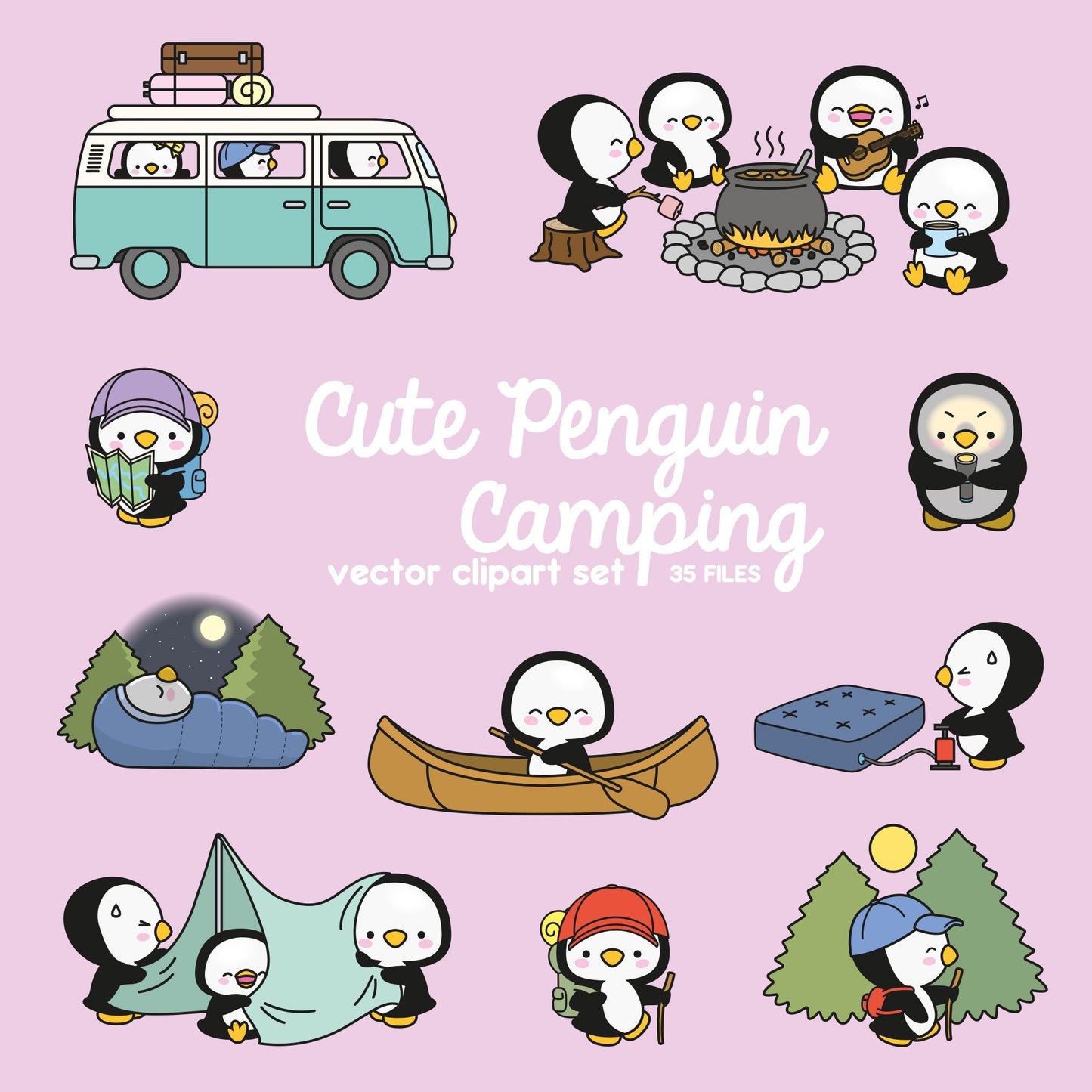 Premium Vector Clipart - Kawaii Penguin - Cute Penguin Camping Clipart Set - Instant Download - Kawaii Clipart