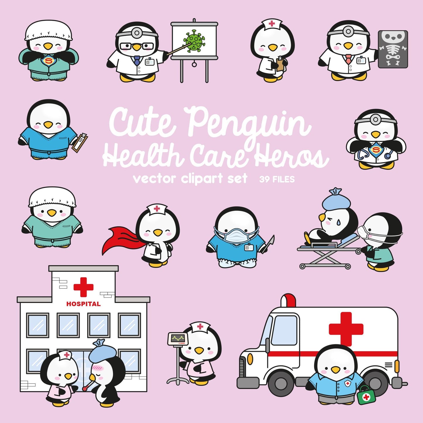 Premium Vector Clipart - Kawaii Penguin - Cute Penguin Healthcare Heros Clipart - Penguin Doctors - Instant Download - Kawaii Clipart