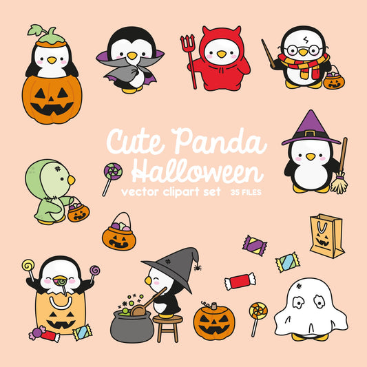 Premium Vector Clipart - Kawaii Halloween Penguins - Cute Halloween Penguins Clipart Set - High Quality Vectors - Kawaii Halloween Clipart