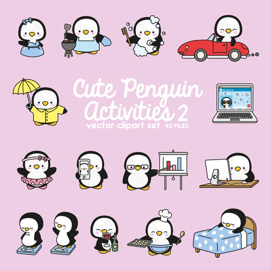 Premium Vector Clipart - Kawaii Penguin - Cute Penguin Planning Clipart - Even More Penguins - Instant Download - Kawaii Clipart