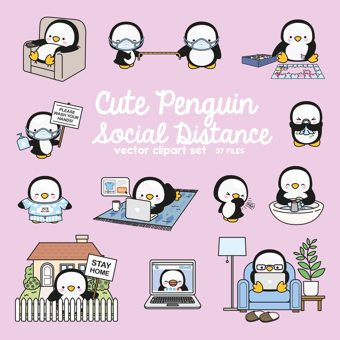 Premium Vector Clipart - Kawaii Penguin - Cute Penguin Social Distancing Clipart - Penguins Lockdown - Instant Download - Kawaii Clipart