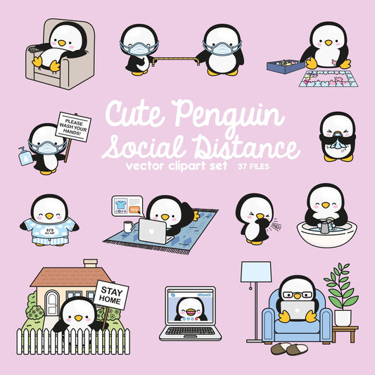 Premium Vector Clipart - Kawaii Penguin - Cute Penguin Social Distancing Clipart - Penguins Lockdown - Instant Download - Kawaii Clipart