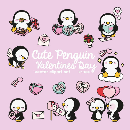 Premium Vector Clipart - Kawaii Valentines Penguins - Valentines Day Penguins Clipart Set - High Quality Vectors Cute Valentines Day Clipart