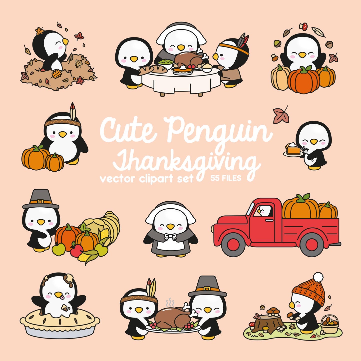 Premium Vector Clipart - Kawaii Thankgiving Penguins - Cute Thangiving Penguins Clipart - High Quality Vectors - Kawaii Thanksgiving Clipart