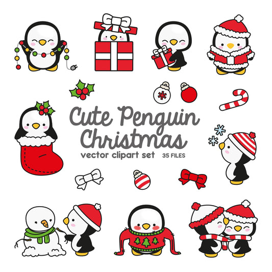 Premium Vector Clipart - Kawaii Christmas Penguins - Cute Christmas Penguins Clipart Set - High Quality Vectors - Kawaii Christmas Clipart