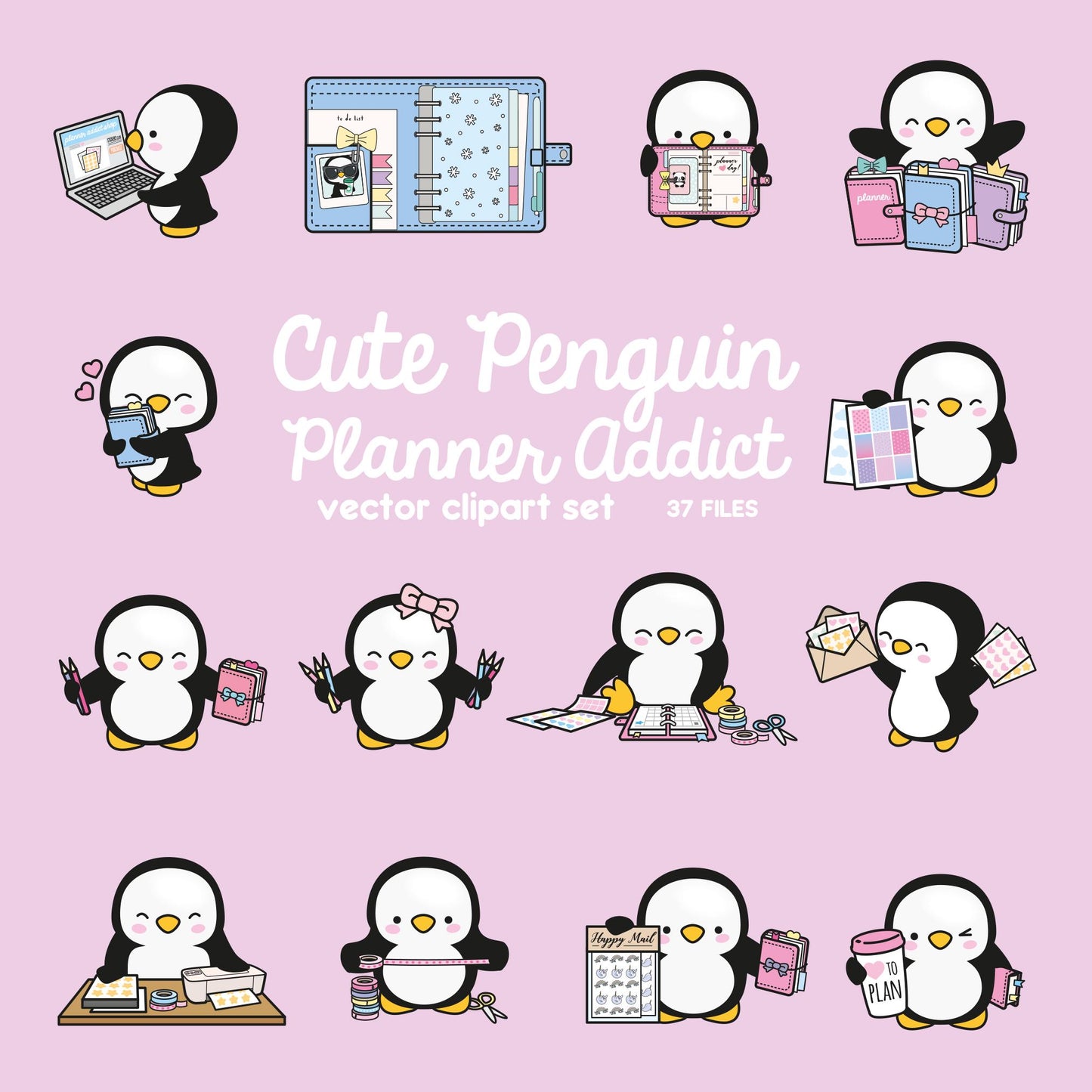 Premium Vector Clipart - Kawaii Penguin - Cute Penguin Planner Addict Clipart - Penguins Loves Planning - Instant Download - Kawaii Clipart