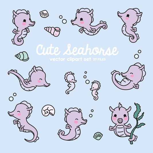 Premium Vector Clipart - Kawaii Sea Horse - Cute Seahorse Clipart Set - High Quality Vectors - Instant Download - Kawaii Clipart