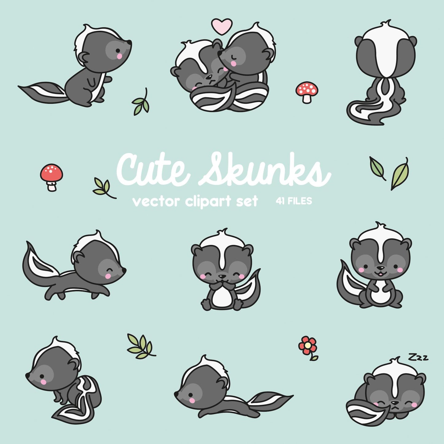 Premium Vector Clipart - Kawaii Skunks - Cute Skunks Clipart Set - High Quality Vectors - Instant Download - Kawaii Clipart