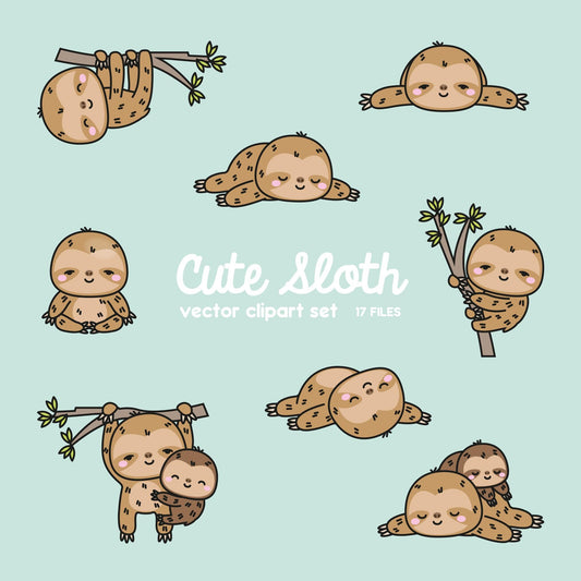 Premium Vector Clipart - Kawaii Sloth - Cute Sloths Clipart Set - High Quality Vectors - Instant Download - Kawaii Clipart