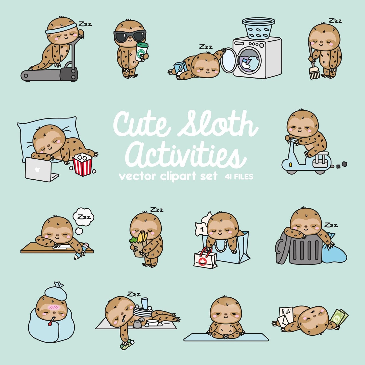 Premium Vector Clipart - Kawaii Sloth - Cute Sloth Planning Clipart - Instant Download - Kawaii Clipart