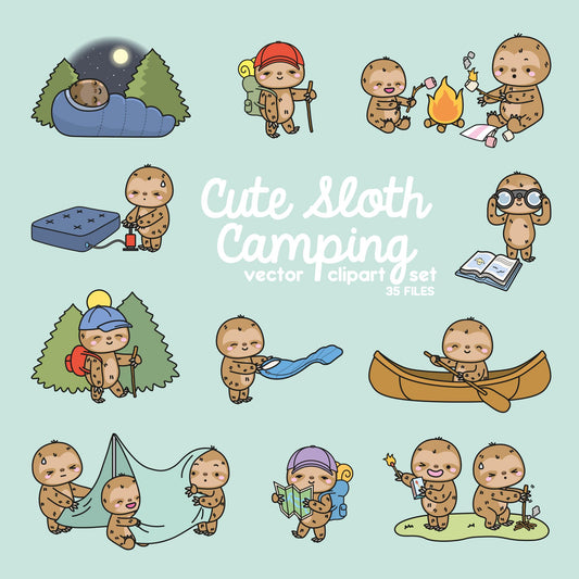 Premium Vector Clipart - Kawaii Sloth - Cute Sloth Camping Clipart Set - Instant Download - Kawaii Clipart