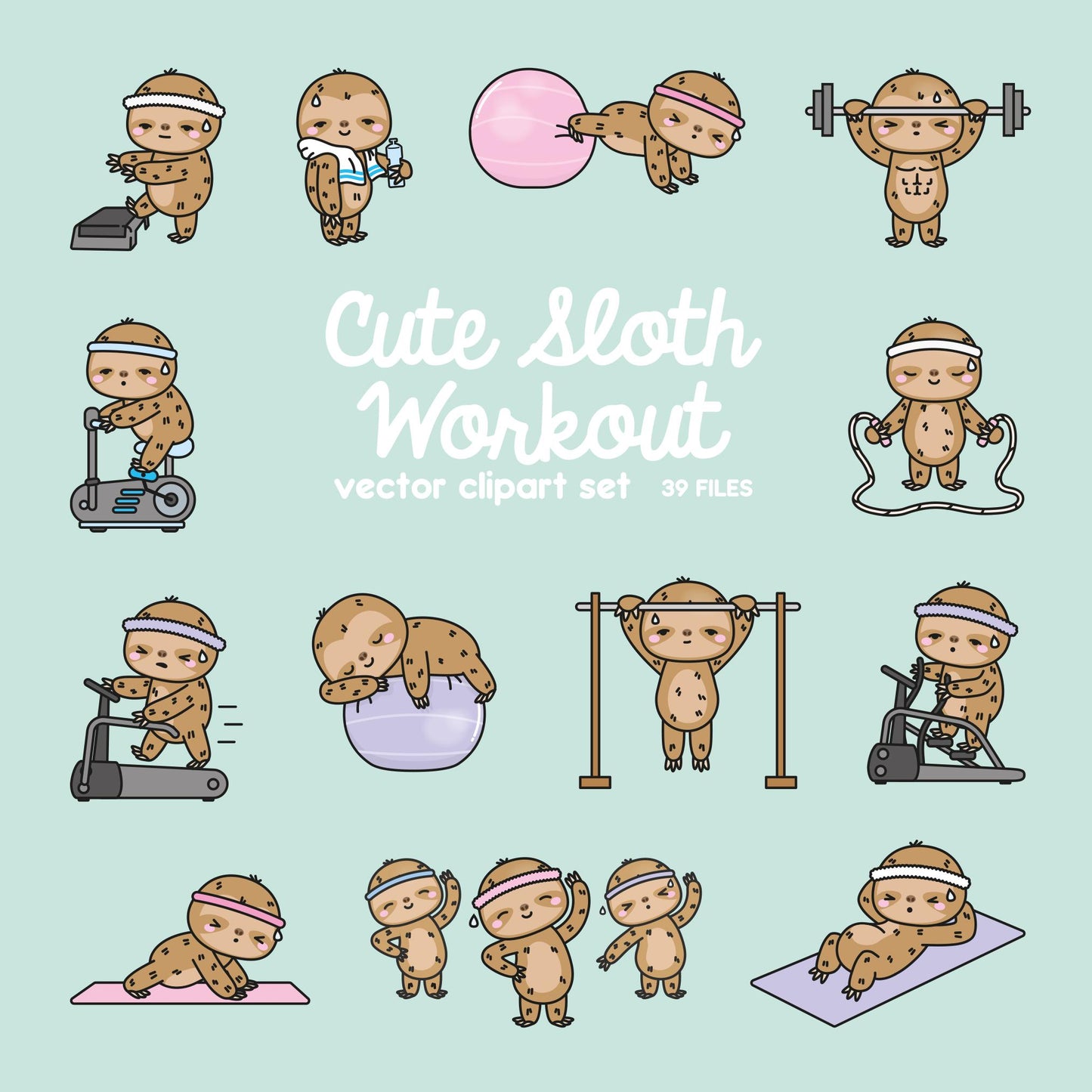 Premium Vector Clipart - Kawaii Workout Sloths - Cute Workout Sloths Clipart Set - High Quality Vectors - Kawaii Workout Clipart