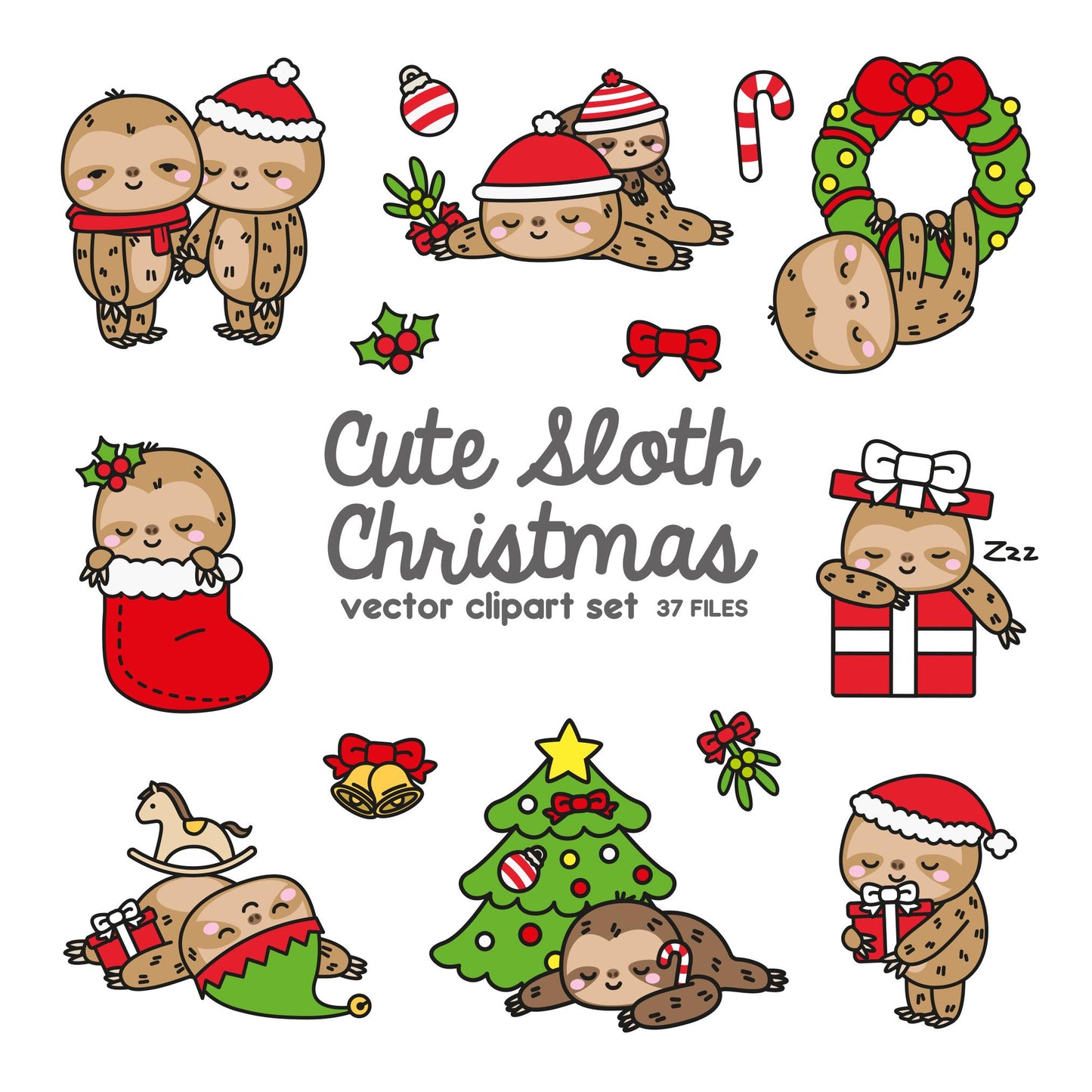 Premium Vector Clipart - Kawaii Christmas Sloths - Cute Christmas Sloths Clipart Set - High Quality Vectors - Kawaii Christmas Clipart