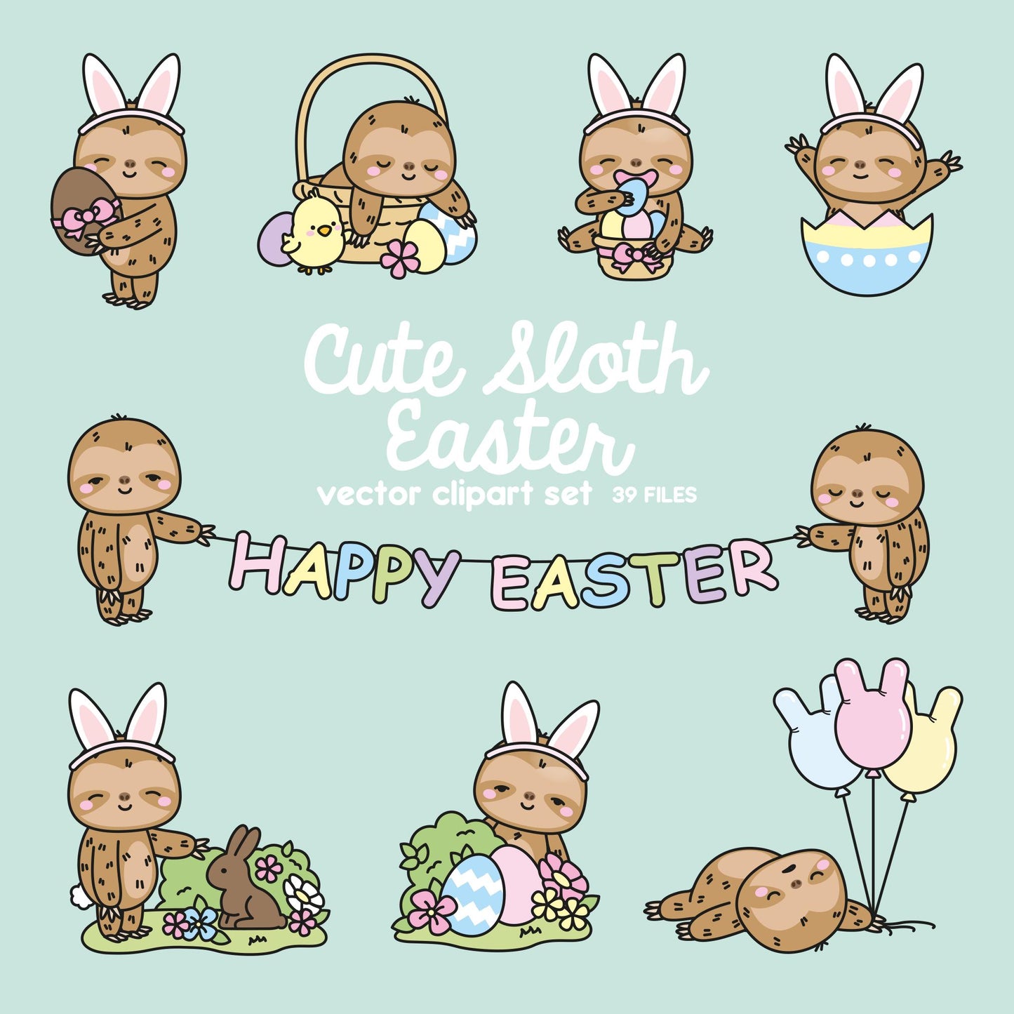 Premium Vector Clipart - Kawaii Easter Sloths - Cute Easter Sloths Clipart Set - High Quality Vectors - Kawaii Easter Clipart