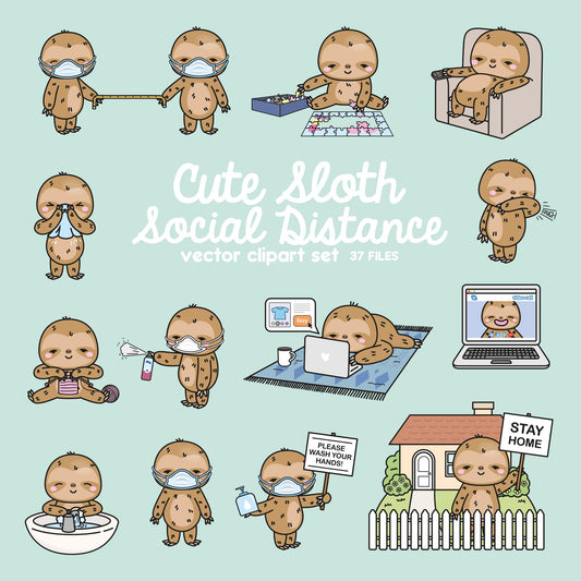 Premium Vector Clipart - Kawaii Sloth - Cute Sloth Social Distancing Clipart - Sloths Lockdown - Instant Download - Kawaii Clipart