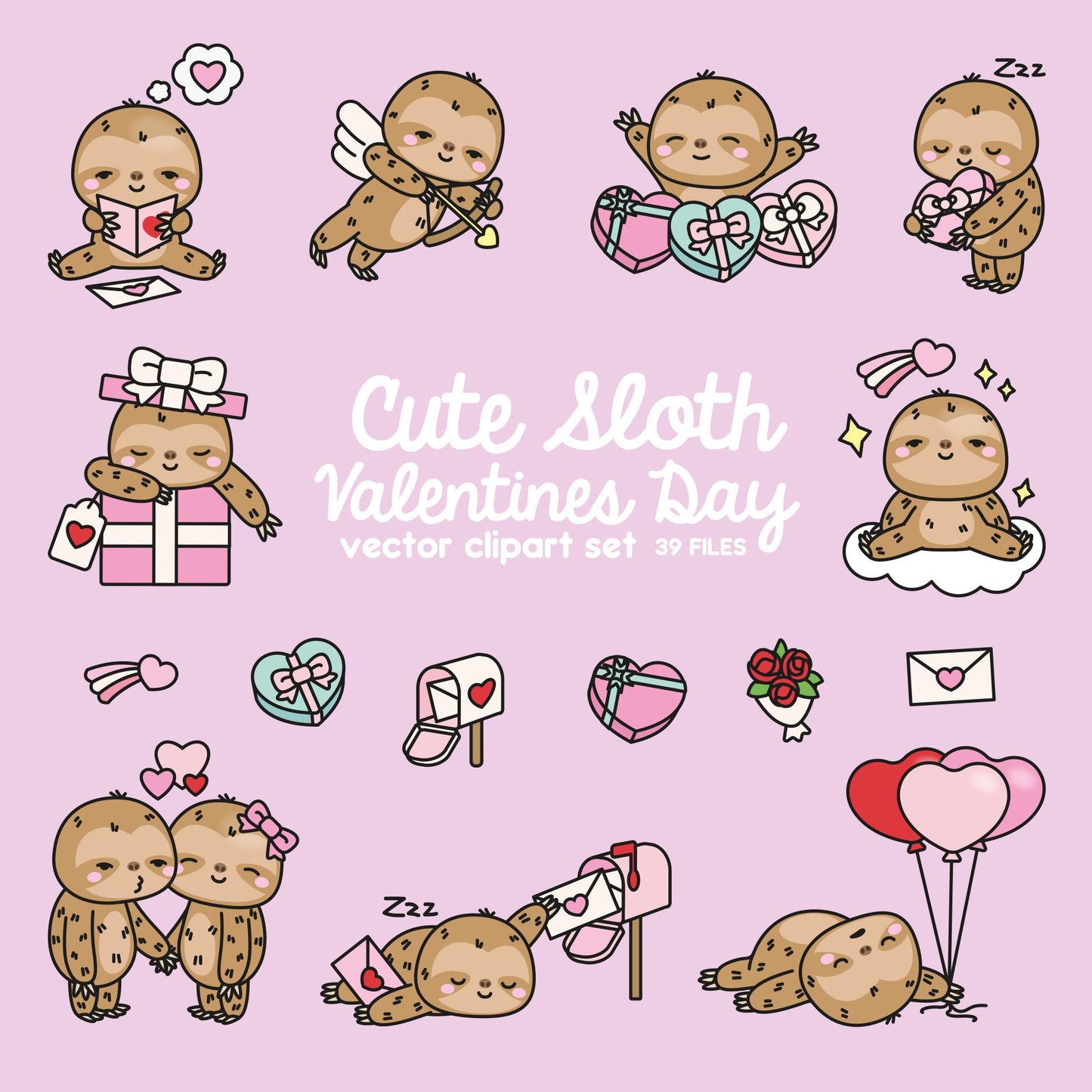 Premium Vector Clipart - Kawaii Valentines Day Sloths - Valentines Day Sloth Clipart - High Quality Vectors - Cute Valentines Day Clipart