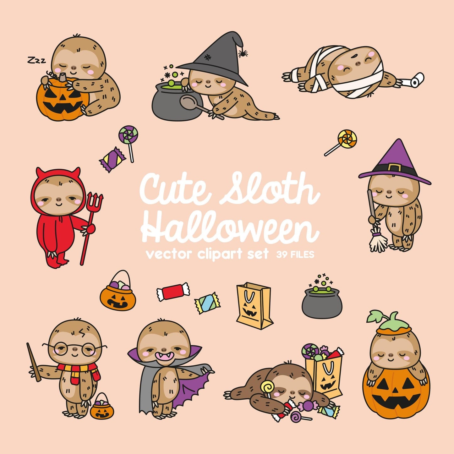 Premium Vector Clipart - Kawaii Halloween Sloths - Cute Halloween Sloths Clipart Set - High Quality Vectors - Kawaii Halloween Clipart