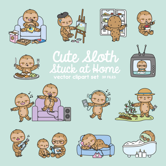 Premium Vector Clipart - Kawaii Sloth - Cute Sloth Locked Down at Home Clipart - Sloth Lockdown - Instant Download - Kawaii Clipart