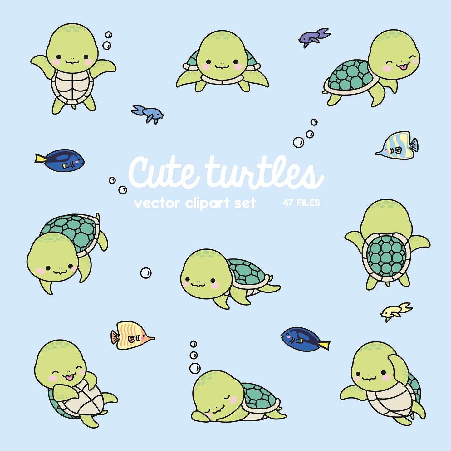 Premium Vector Clipart - Kawaii Turtle - Cute Turtle Clipart Set - Sea Turtle - High Quality Vectors - Instant Download - Kawaii Clipart