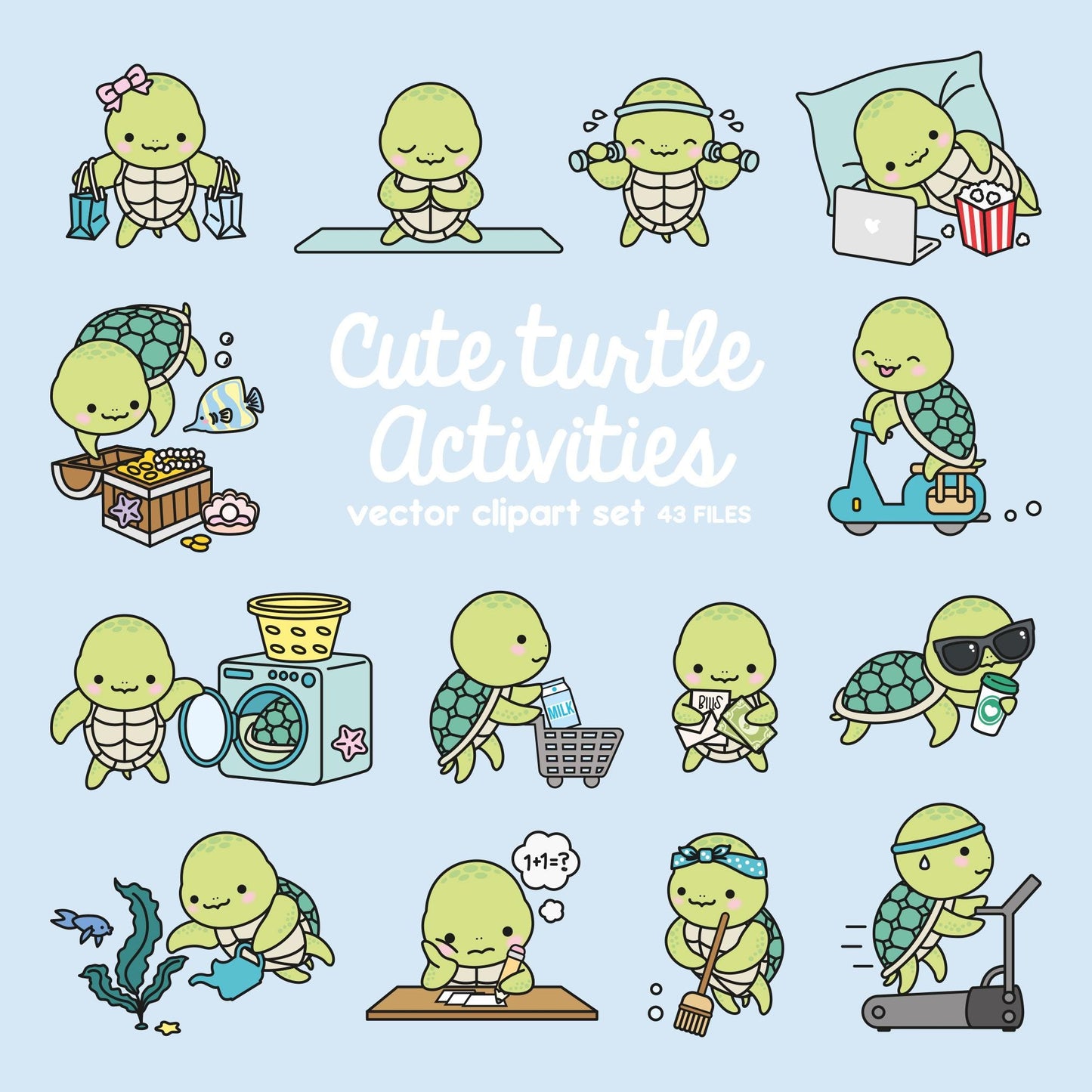 Premium Vector Clipart - Kawaii Turtle - Cute Sea Turtle Planning Clipart - Instant Download - Kawaii Clipart