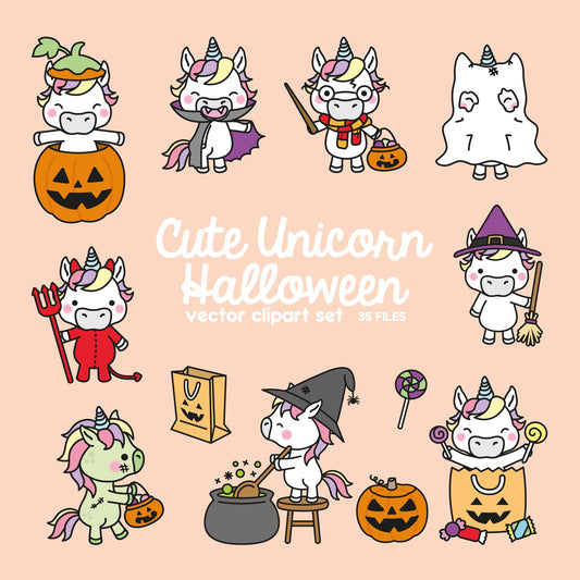 Premium Vector Clipart - Kawaii Halloween Unicorns - Cute Halloween Unicorns Clipart Set - High Quality Vectors - Kawaii Halloween Clipart