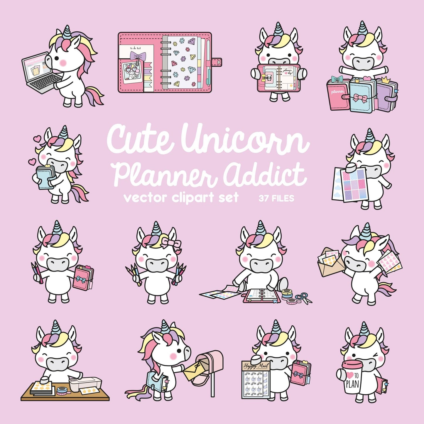 Premium Vector Clipart - Kawaii Unicorn - Cute Unicorn Planner Addict Clipart - Unicorn Loves Planning - Instant Download - Kawaii Clipart