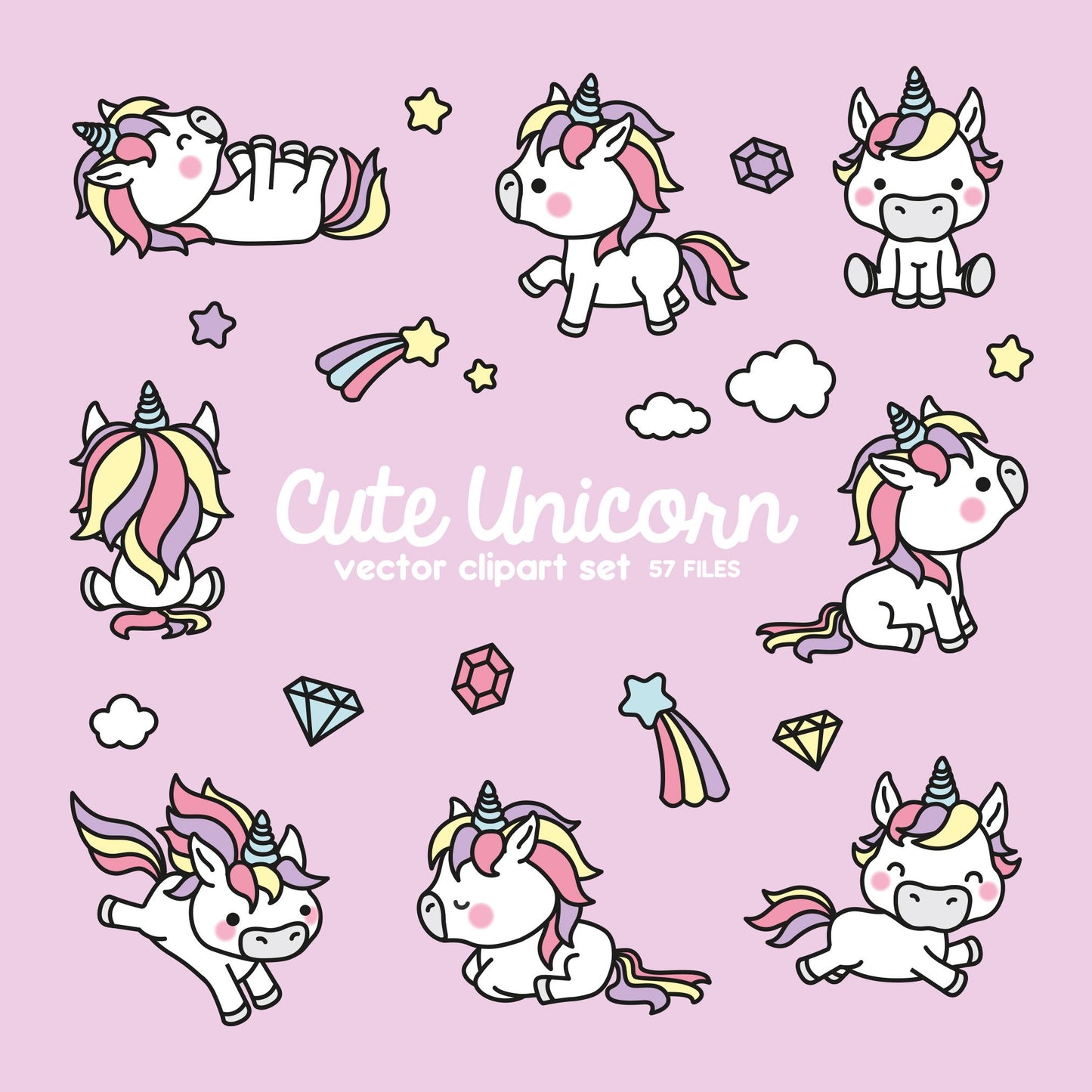 Premium Vector Clipart - Kawaii Unicorns - Cute Unicorns Clipart Set - High Quality Vectors - Instant Download - Kawaii Clipart