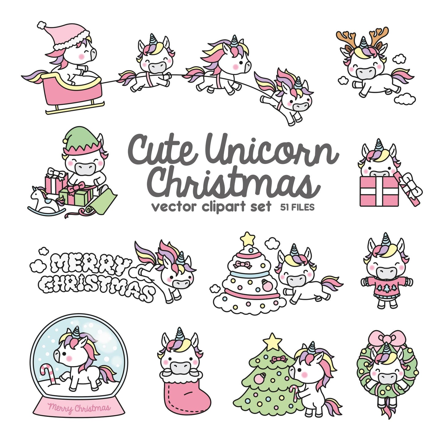 Premium Vector Clipart - Kawaii Christmas Unicorns - Cute Christmas Unicorns Clipart Set - High Quality Vectors - Kawaii Christmas Clipart