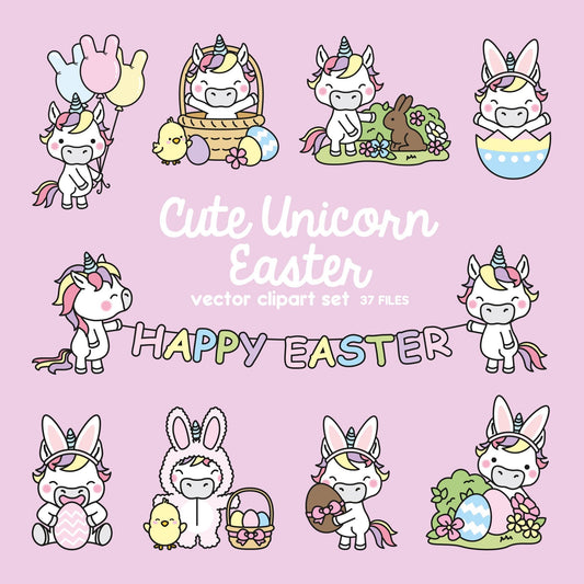 Premium Vector Clipart - Kawaii Easter Unicorns - Cute Easter Unicorn Clipart Set - High Quality Vectors - Kawaii Easter Clipart