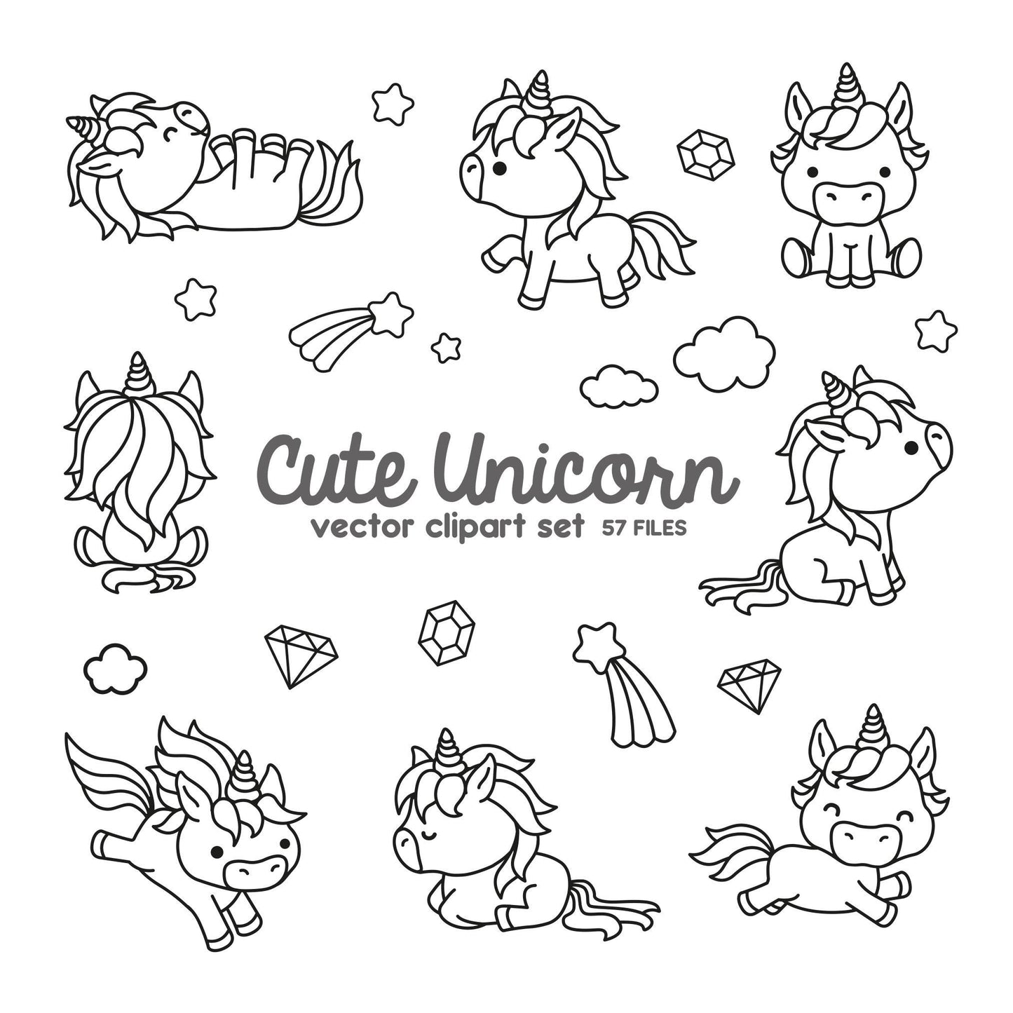 Premium Vector Clipart - Kawaii Unicorns Outlines - Cute Unicorns Outlines Clipart Set - High Quality Vectors - Instant Download