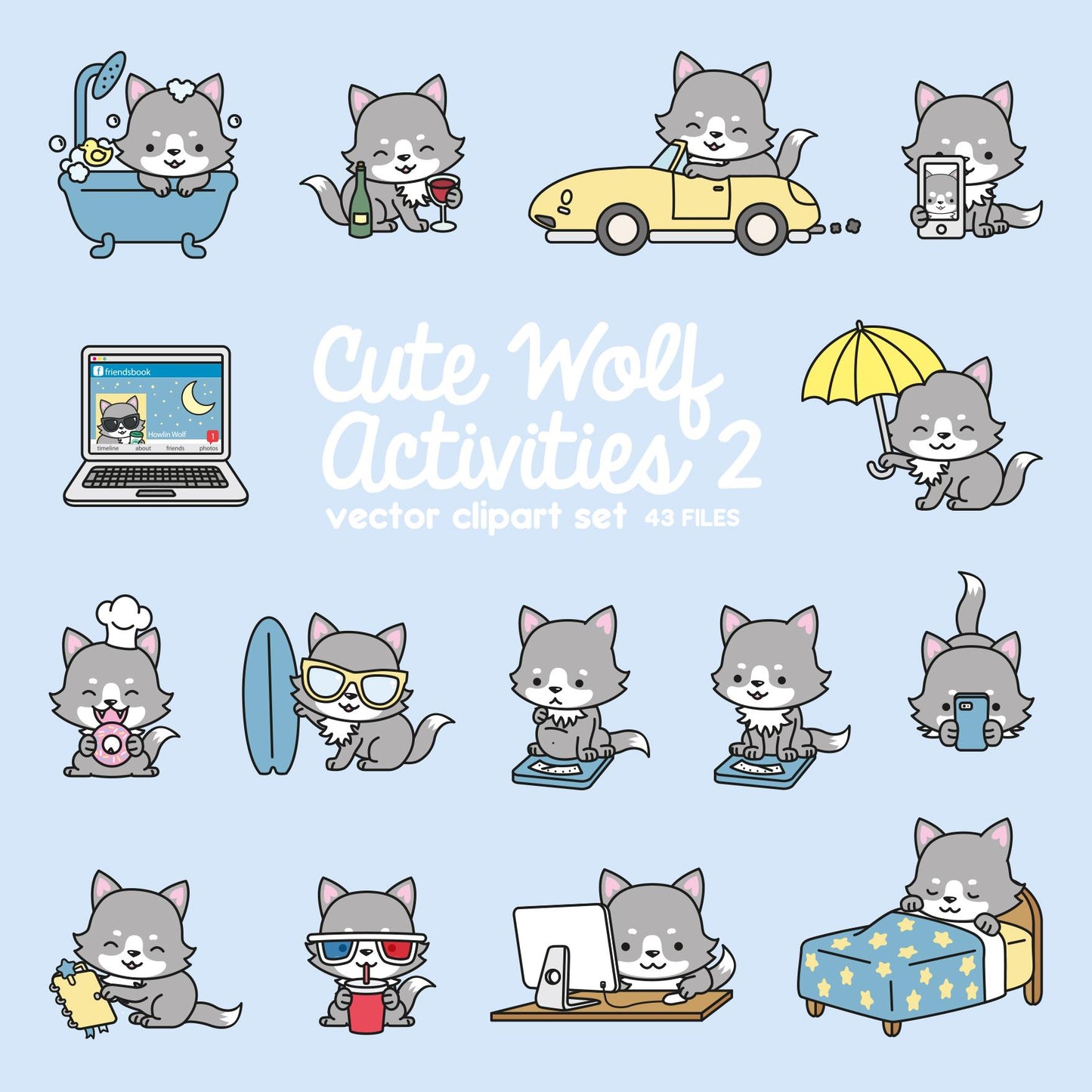 Premium Vector Clipart - Kawaii Wolf - Cute Wolves Clipart - Even More Wolves - Instant Download - Kawaii Clipart