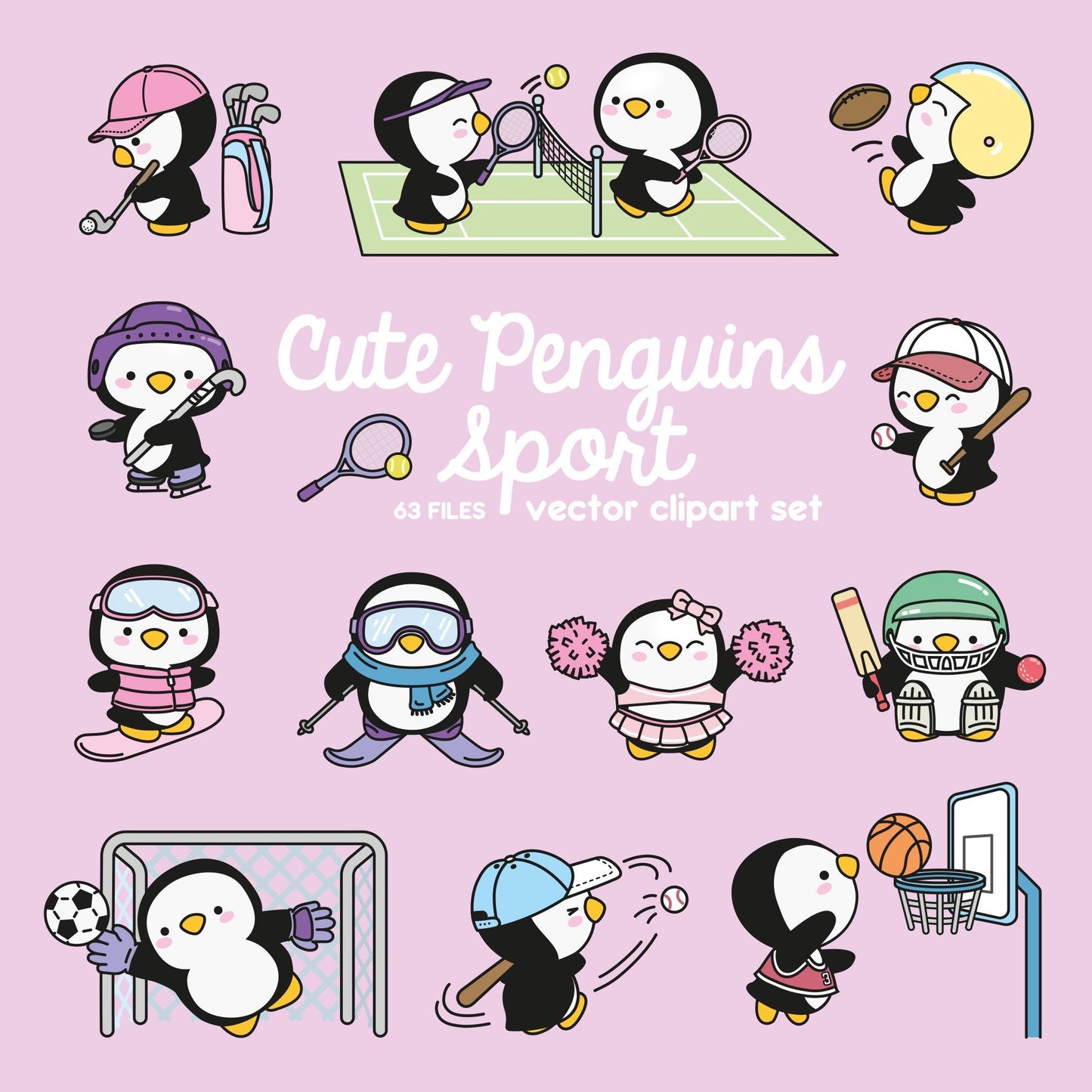 Premium Vector Clipart - Kawaii Sport Penguin - Cute Penguin Sporty Clipart - Instant Download - Kawaii Clipart