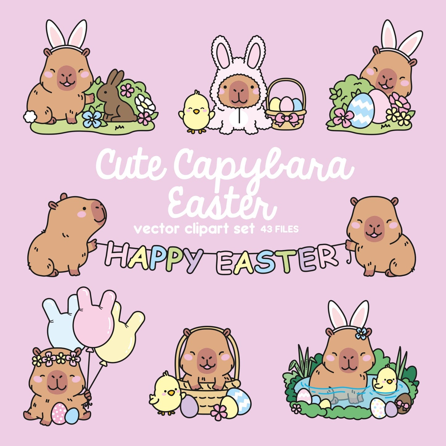 Premium Vector Clipart - Kawaii Easter Capybaras - Cute Easter Capybara Clipart Set - High Quality Vectors - Kawaii Easter Clipart