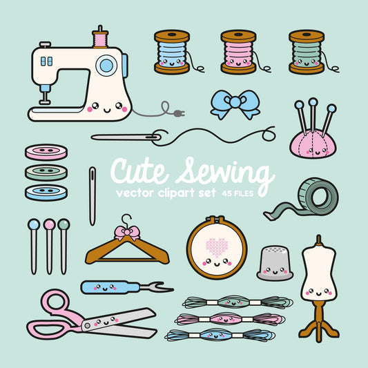 Premium Vector Clipart - Kawaii Sewing Clipart - Kawaii Sewing Clip art Set - High Quality Vectors - Instant Download - Kawaii Sew Clipart