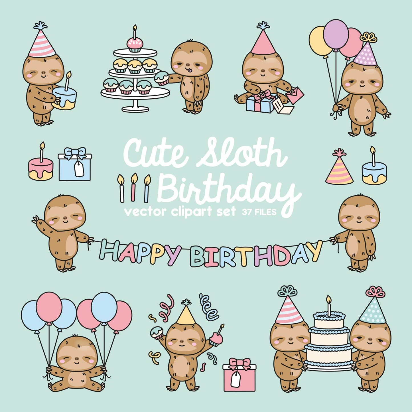 Premium Vector Clipart - Kawaii Birthday Sloths - Cute Birthday Sloth Clipart Set - High Quality Vectors - Kawaii Birthday Clipart