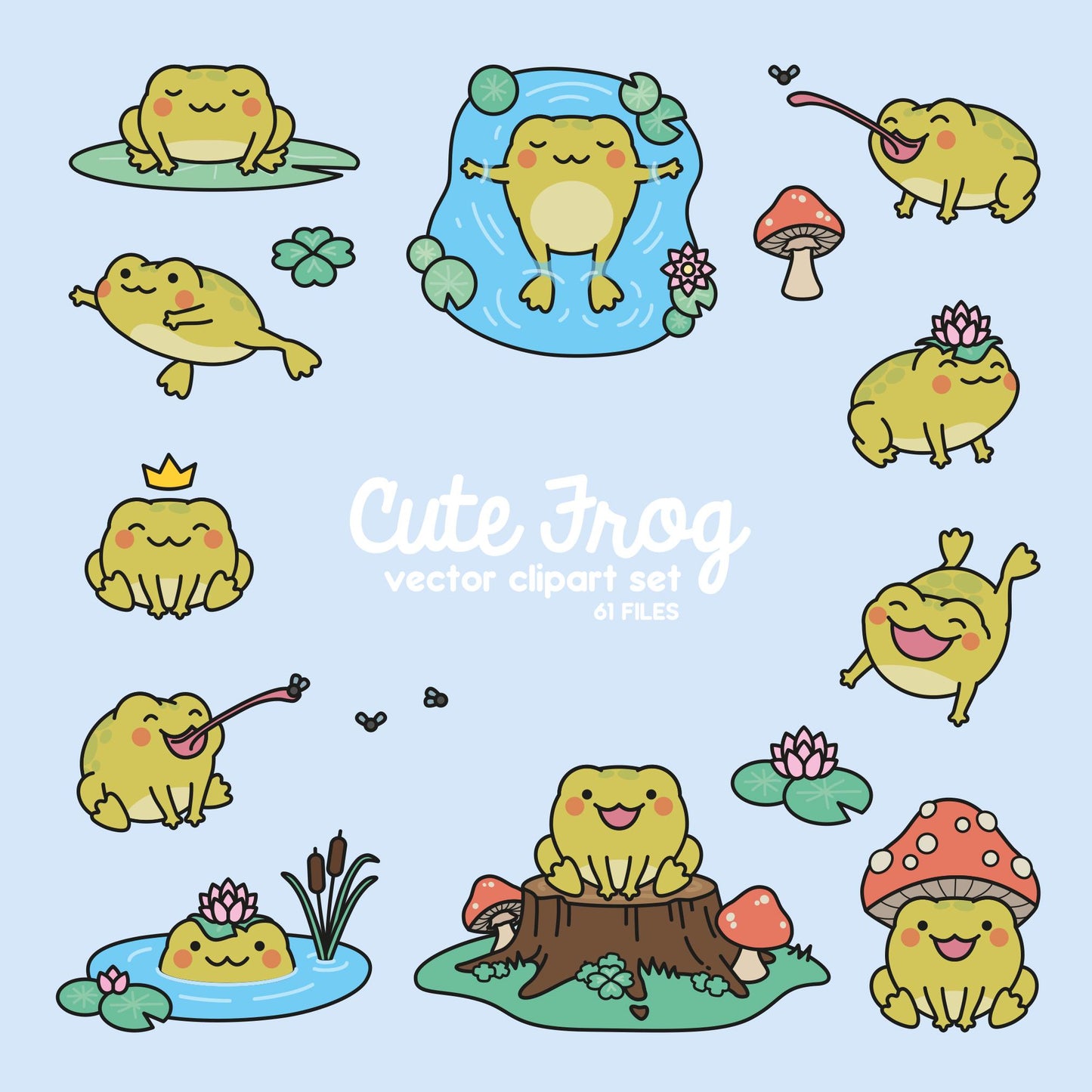 Premium Vector Clipart - Kawaii Frogs - Cute Frog Clipart Set - High Quality Vectors - Instant Download - Kawaii Clipart