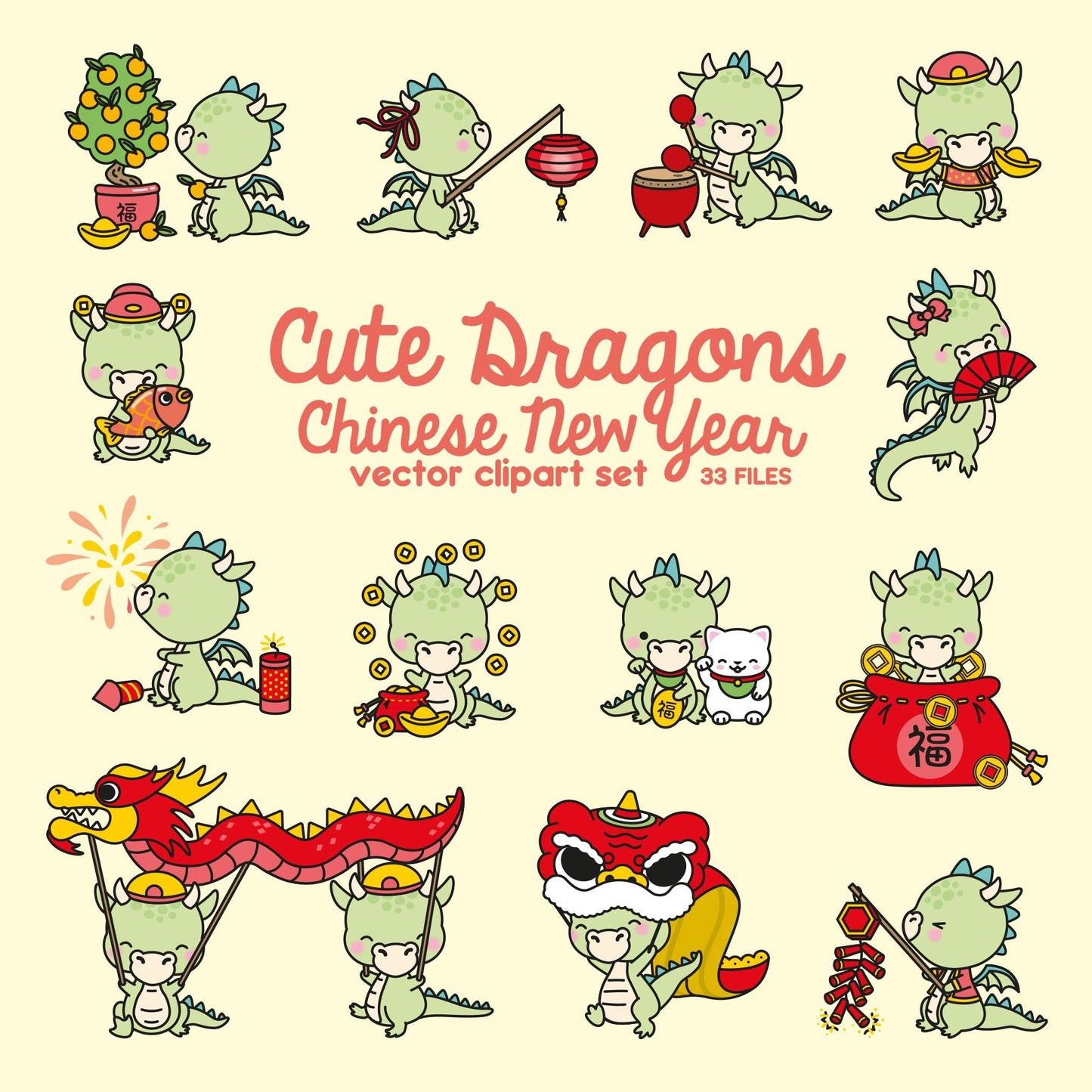 Premium Vector Clipart - Kawaii Chinese New Year - Cute Year of the Dragon - 2024 - Kawaii Dragon - Instant Download - Kawaii Clipart