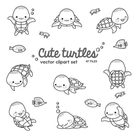 Premium Vector Clipart - Kawaii Turtle - Cute Turtle Clipart Set - Sea Turtle - Outlines - High Quality Vectors - Instant Download