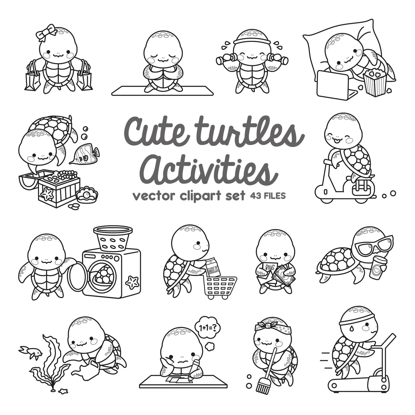 Premium Vector Clipart - Kawaii Turtle - Cute Sea Turtle Planning Clipart - Outlines - Instant Download