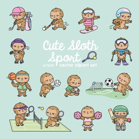 Premium Vector Clipart - Kawaii Sporty Sloth - Cute Sloths Sport Clipart - Instant Download - Kawaii Clipart