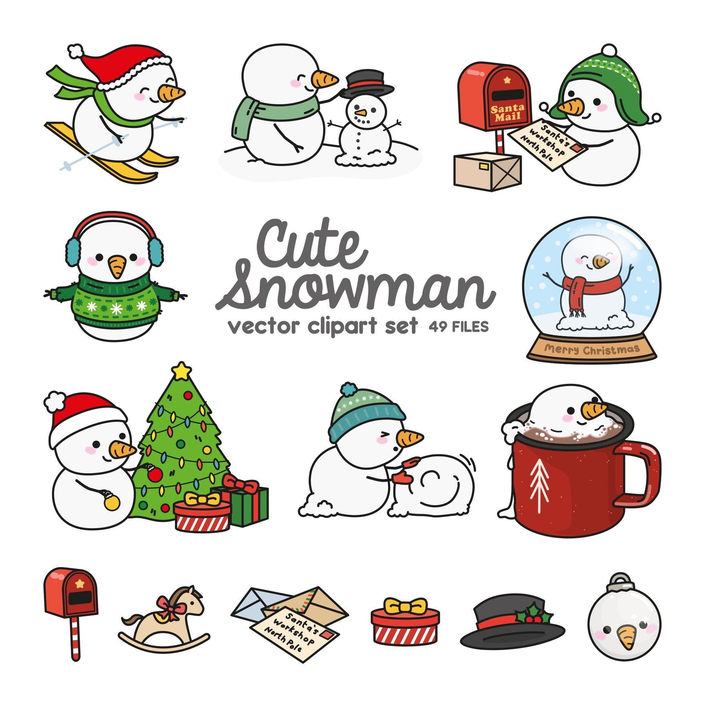 Premium Vector Clipart - Kawaii Snowman - Cute Christmas Snowmen Clipart Set - High Quality Vectors - Instant Download - Kawaii Clipart