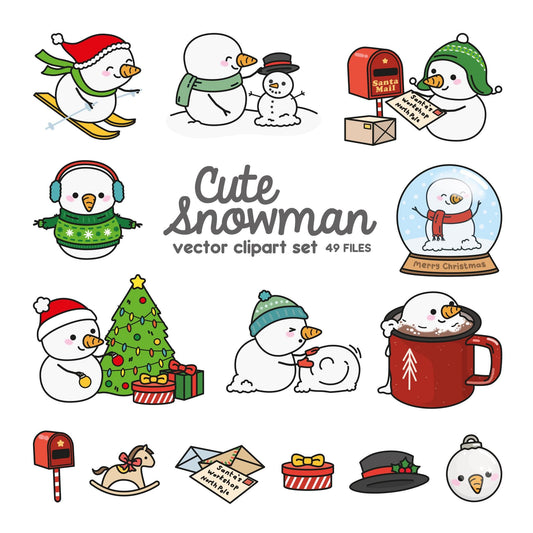 Premium Vector Clipart - Kawaii Snowman - Cute Christmas Snowmen Clipart Set - High Quality Vectors - Instant Download - Kawaii Clipart