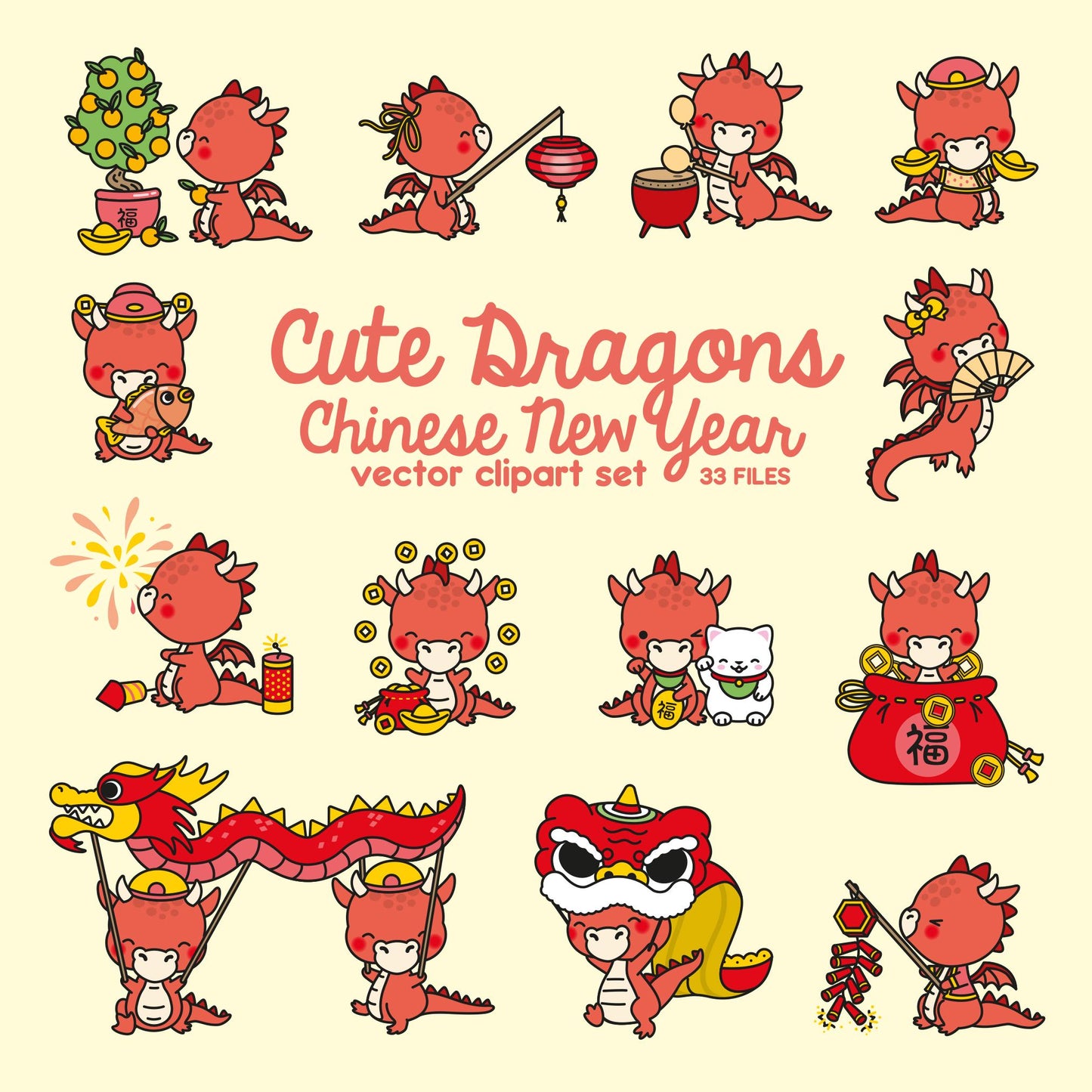 Premium Vector Clipart - Kawaii Chinese New Year - Cute Year of the Dragon - 2024 - Kawaii Red Dragon - Instant Download - Kawaii Clipart