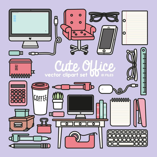 Premium Vector Clipart - Kawaii Office Clipart - Kawaii Work Clip Art Set - High Quality Vectors - Kawaii Clipart - Big Clipart Set