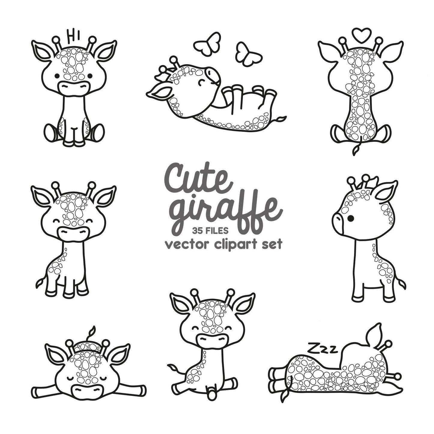 Premium Vector Clipart - Kawaii Giraffes - Cute Giraffes Outlines Clipart Set - High Quality Vectors - Instant Download - Kawaii Clipart