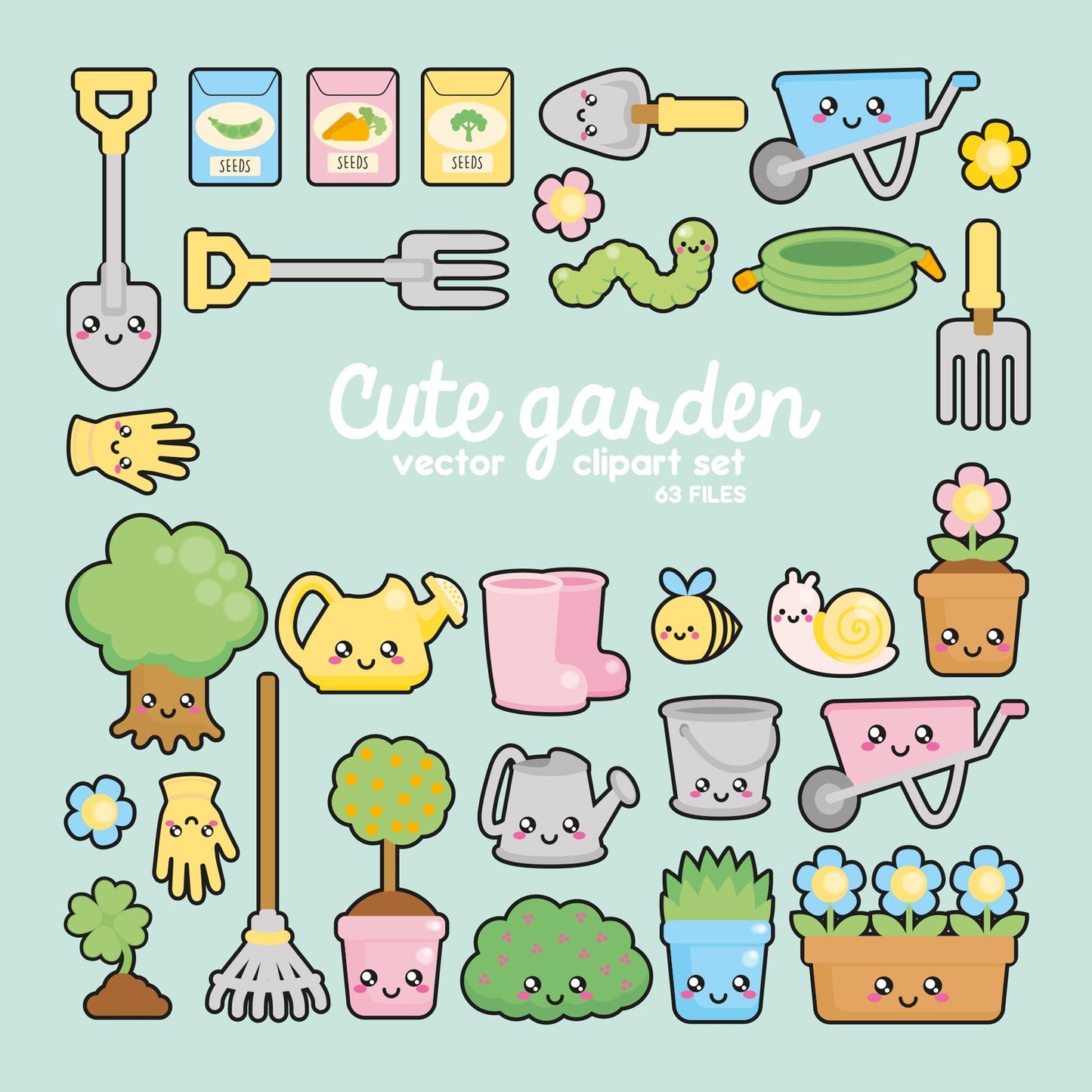 Premium Vector Clipart - Kawaii Gardening Clipart - Kawaii Garden Clip Art Set - High Quality Vectors - Instant Download - Kawaii Clipart