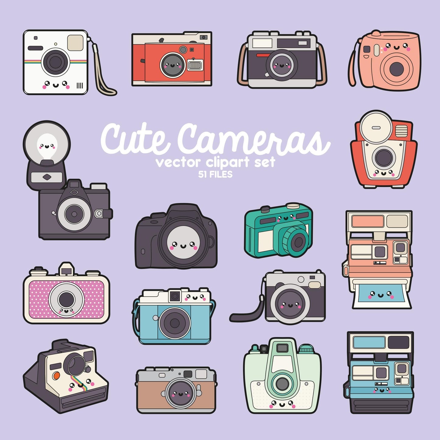 Premium Vector Clipart - Kawaii Camera Clipart - Kawaii Cameras Clip Art Set - High Quality Vectors - Cute Camera Clipart - Instant Download