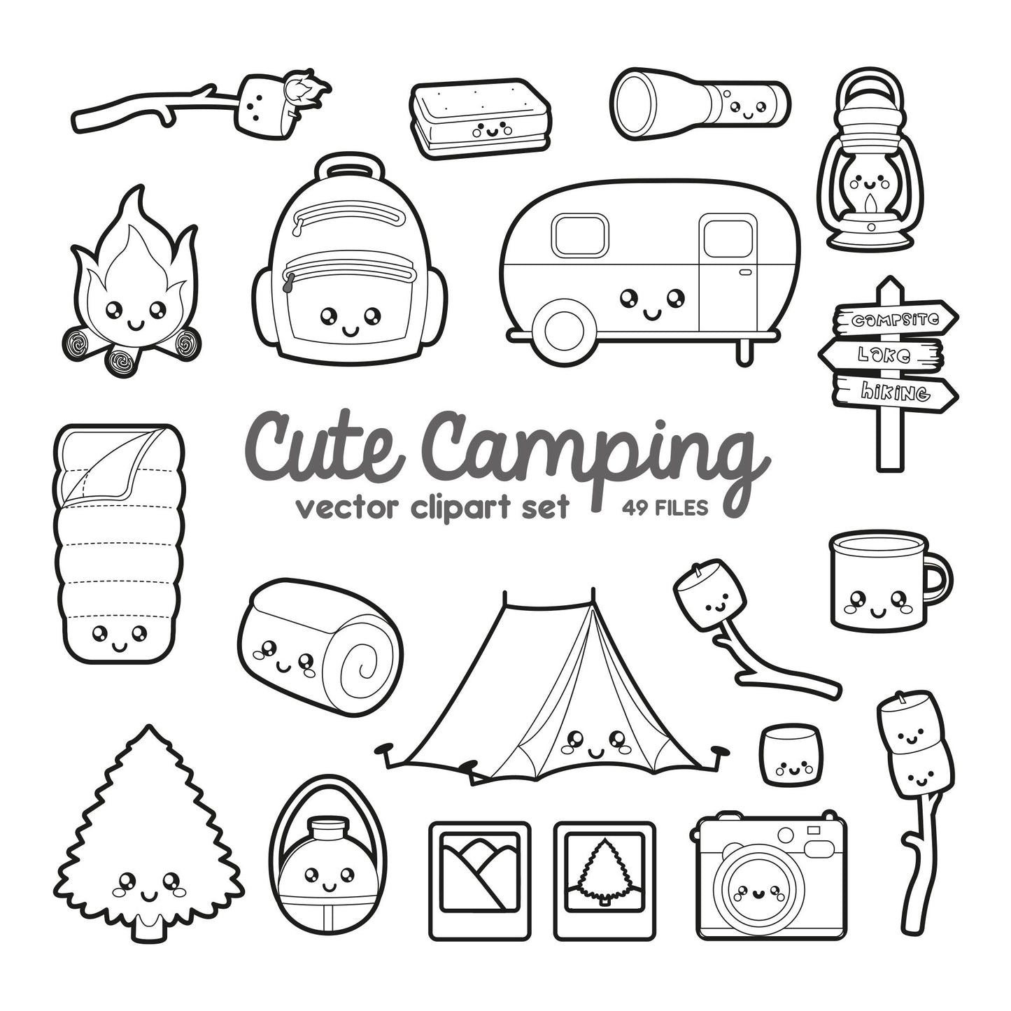 Premium Vector Clipart - Kawaii Camping Clipart - Kawaii Camping Clip art Set - High Quality Vectors - Outlines - Kawaii Clipart