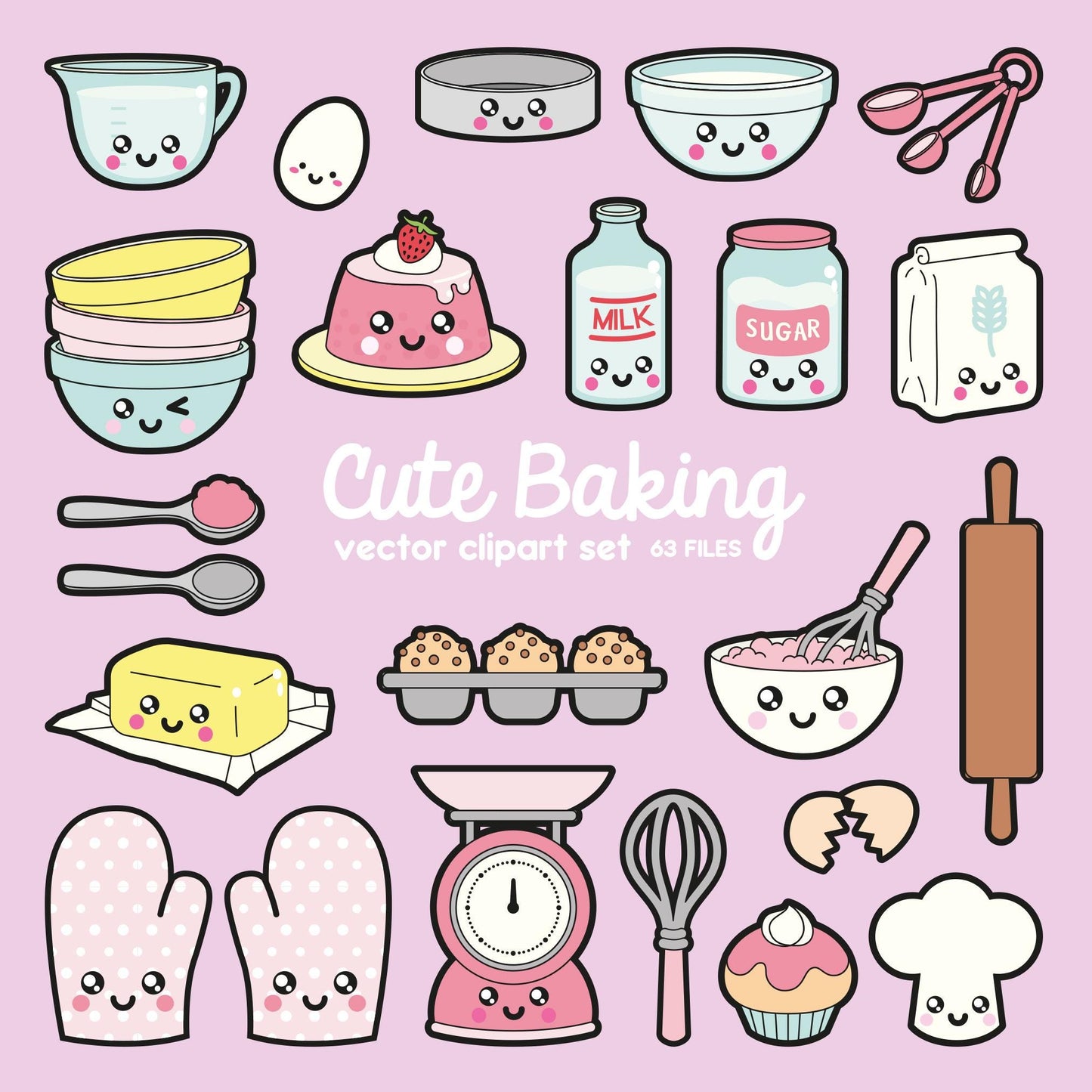 Premium Vector Clipart - Kawaii Baking Clipart - Kawaii baking Clip art Set - High Quality Vectors - Instant Download - Kawaii Bake Clipart